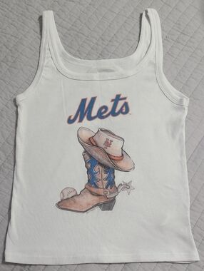 NWOT Tiny Turnip Youth White Cowboy Boot Tri-blend Tank Top New York Mets Sz L Y